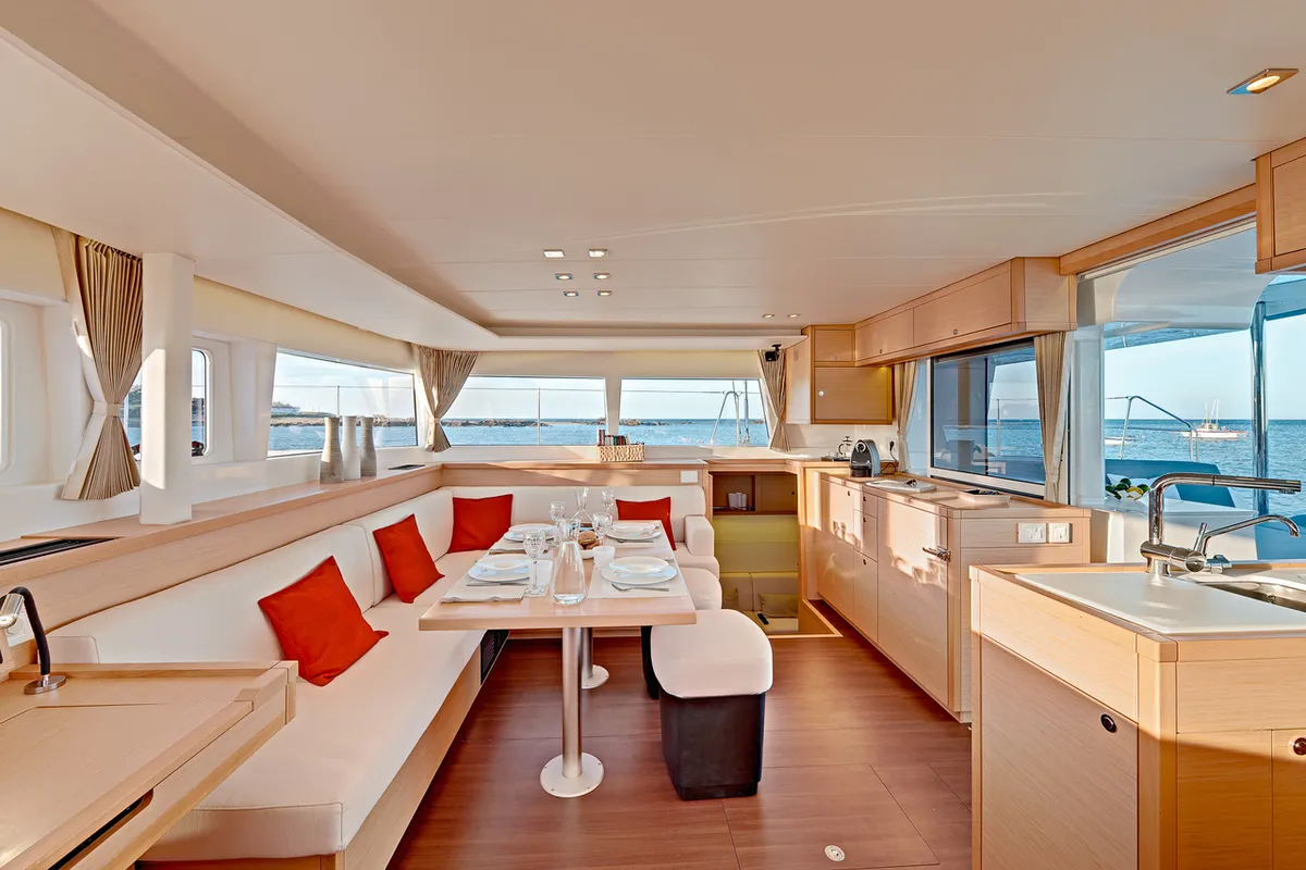 Salon of Luna, a Lagoon 450 F catamaran at Fethiye, Turkey
