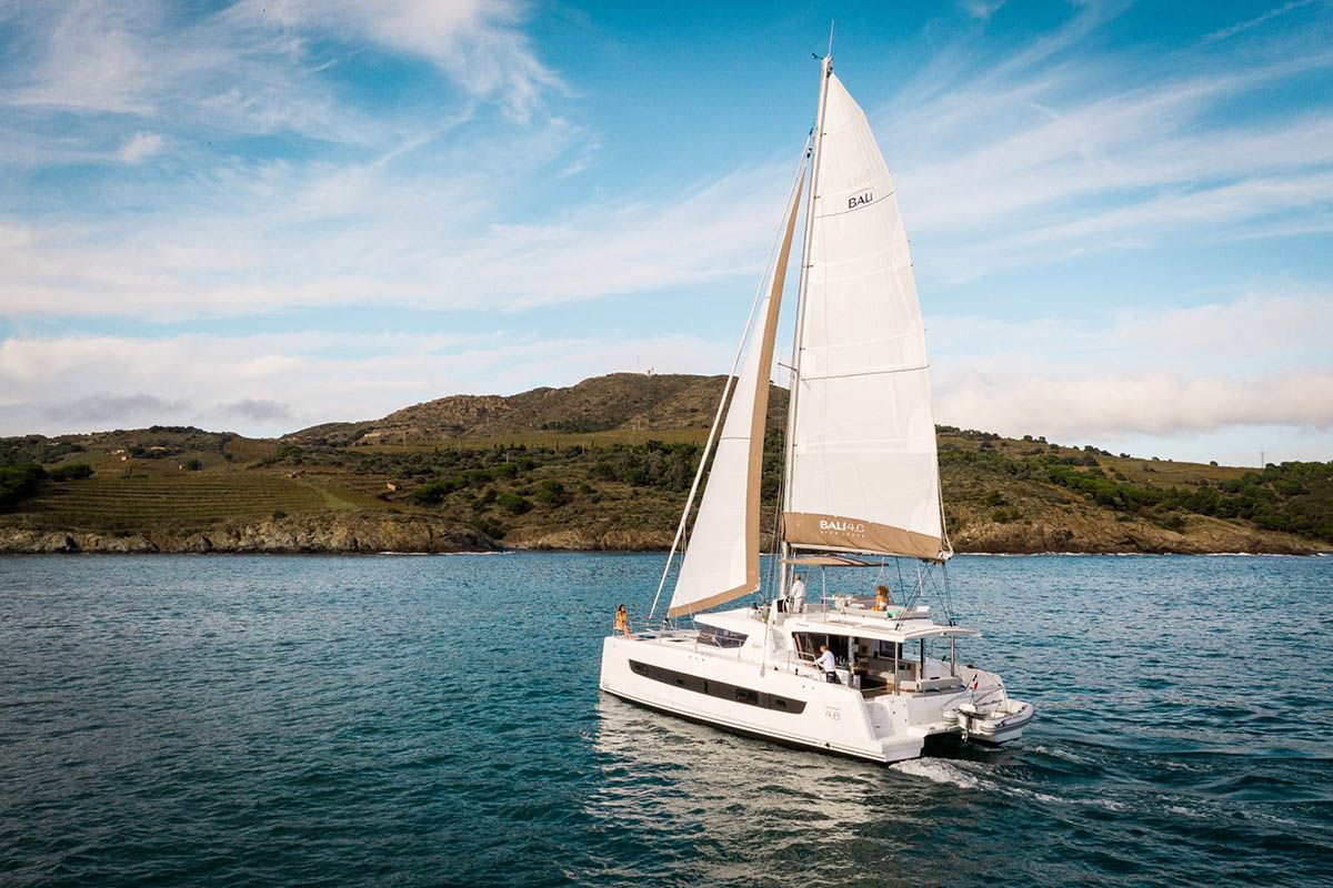 Exterior view of La Traviesa, a Bali 4.6 catamaran at Seychelles, Eden Island Marina, Seychelles