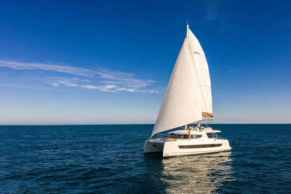 Exterior view of La Traviesa, a Bali 4.6 catamaran at Seychelles, Eden Island Marina, Seychelles
