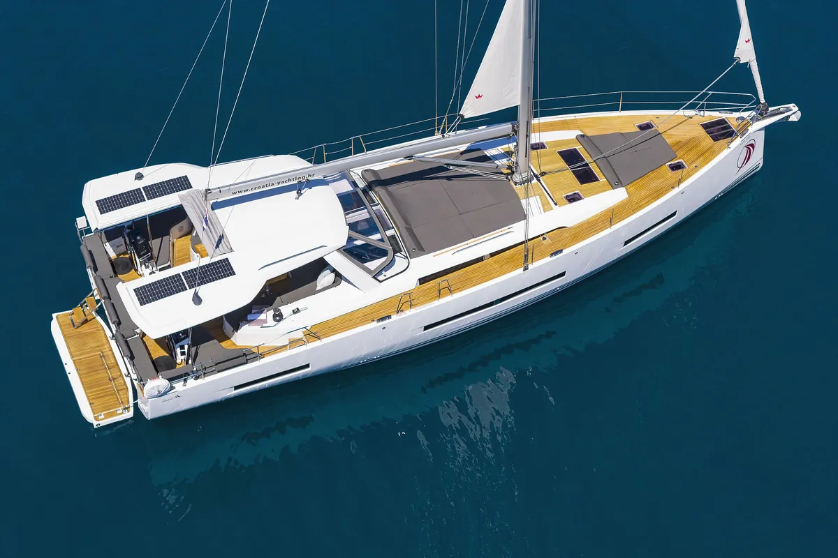 Exterior view of Volare, a Hanse Yachts Hanse 590 sailboat at Grad Kaštela, Croatia