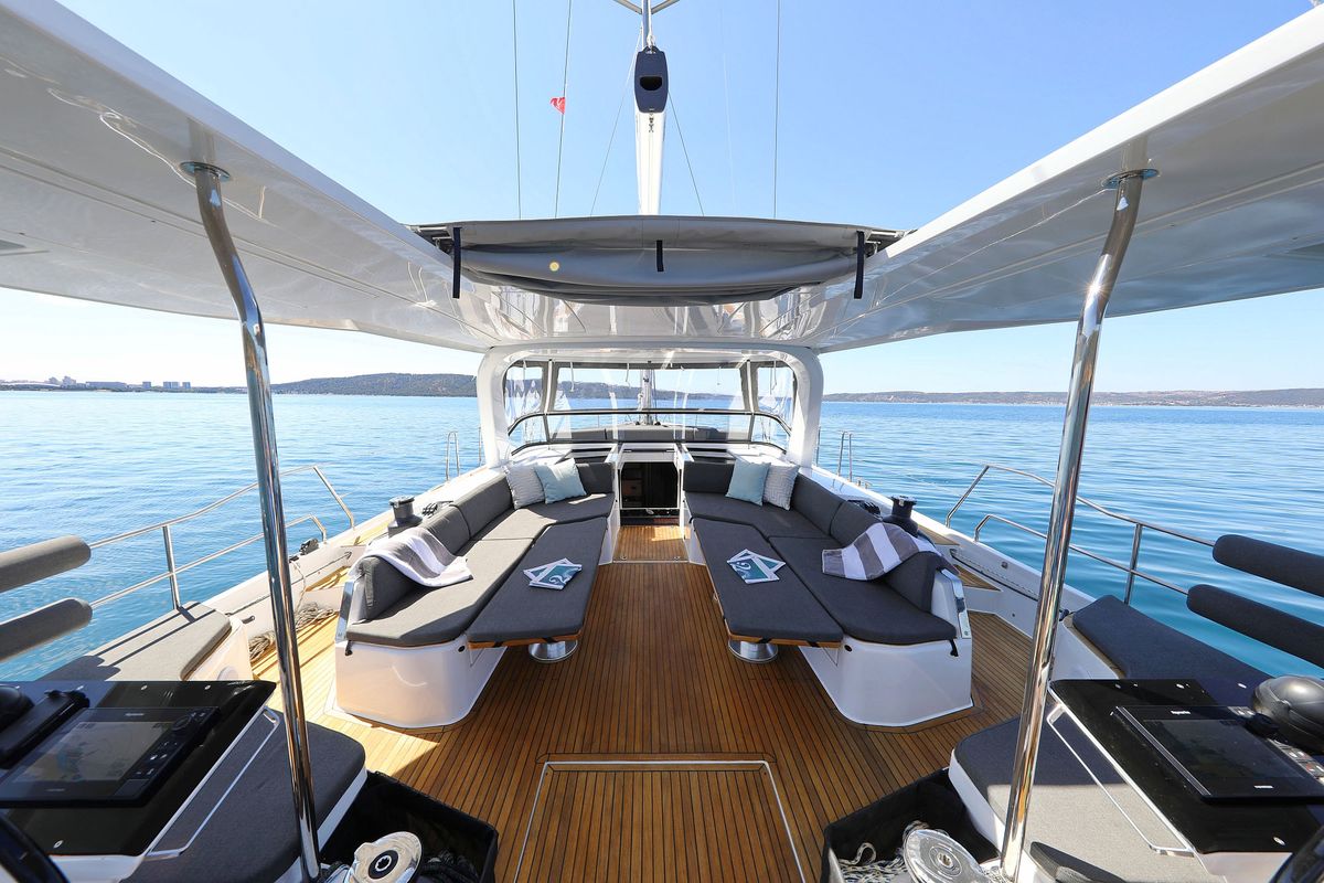 Deck of Volare, a Hanse Yachts Hanse 590 sailboat at Grad Kaštela, Croatia