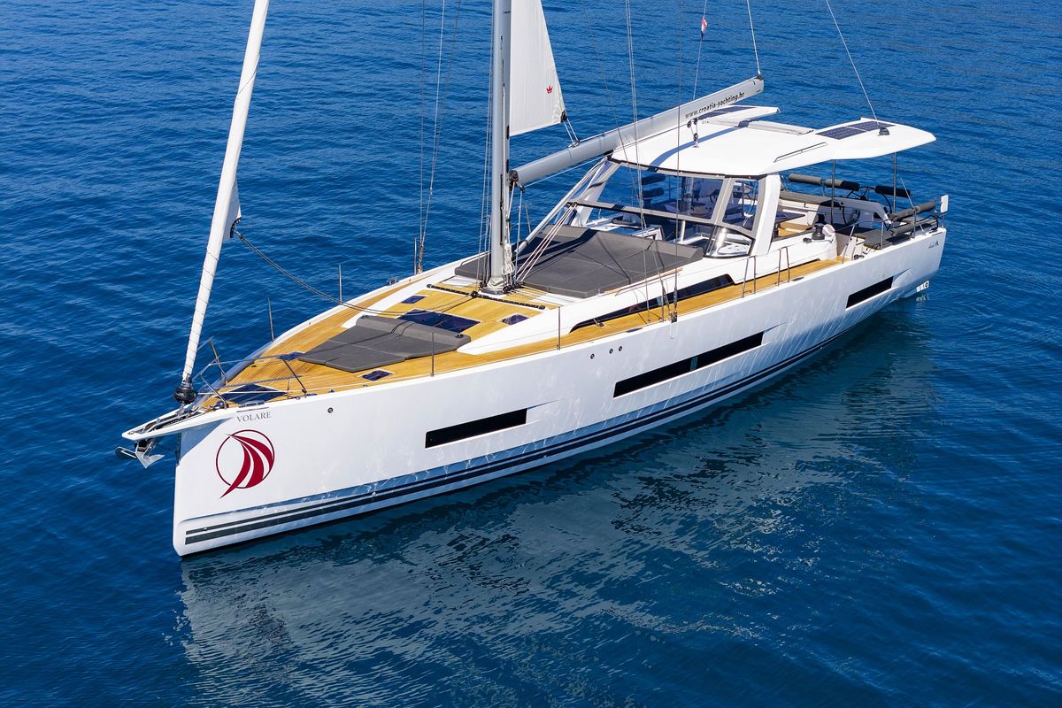 Exterior view of Volare, a Hanse Yachts Hanse 590 sailboat at Grad Kaštela, Croatia