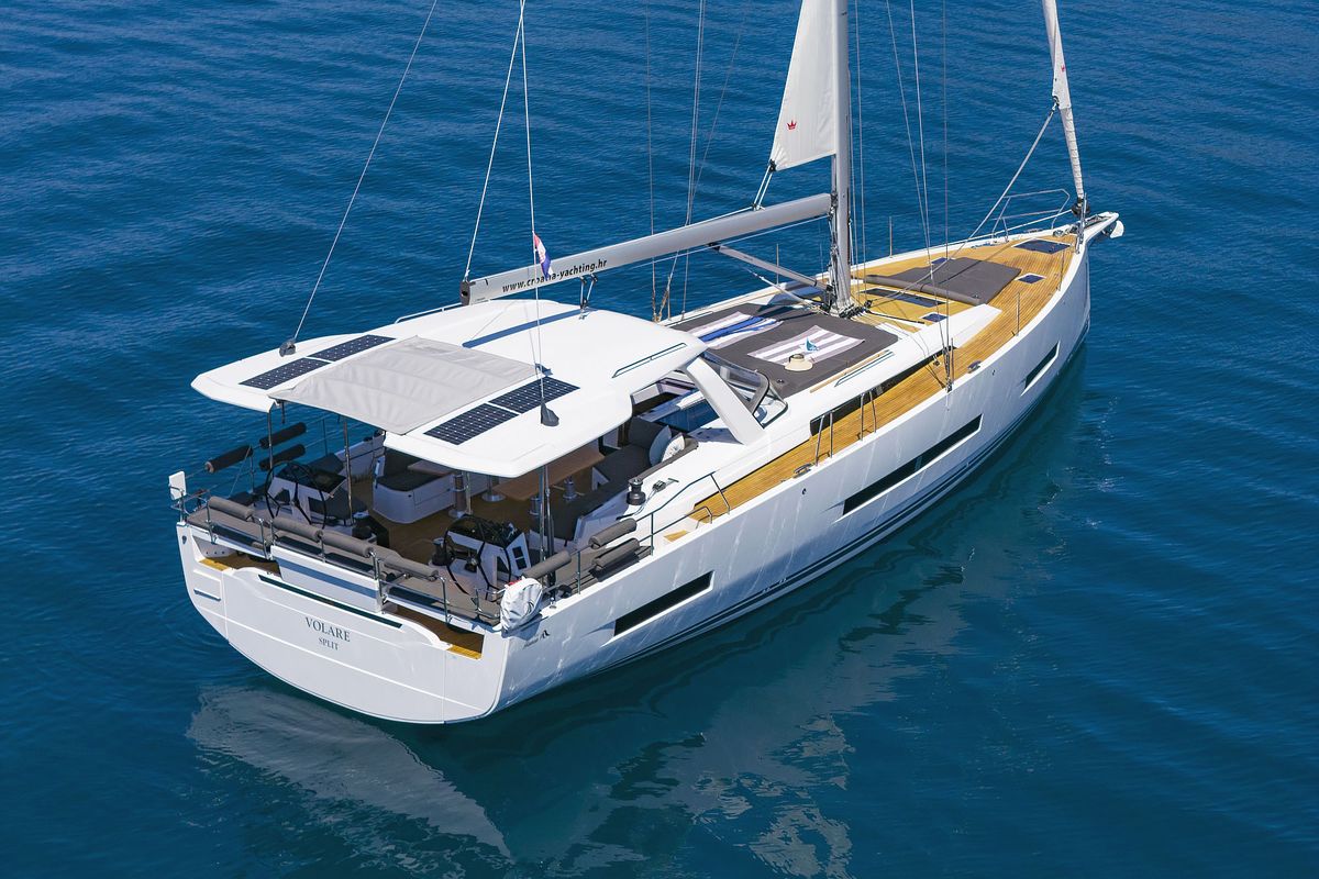 Exterior view of Volare, a Hanse Yachts Hanse 590 sailboat at Grad Kaštela, Croatia