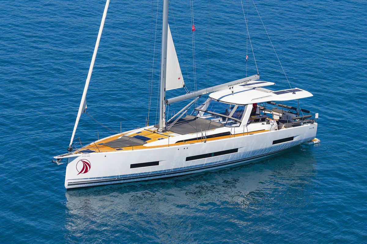 Exterior view of Volare, a Hanse Yachts Hanse 590 sailboat at Grad Kaštela, Croatia