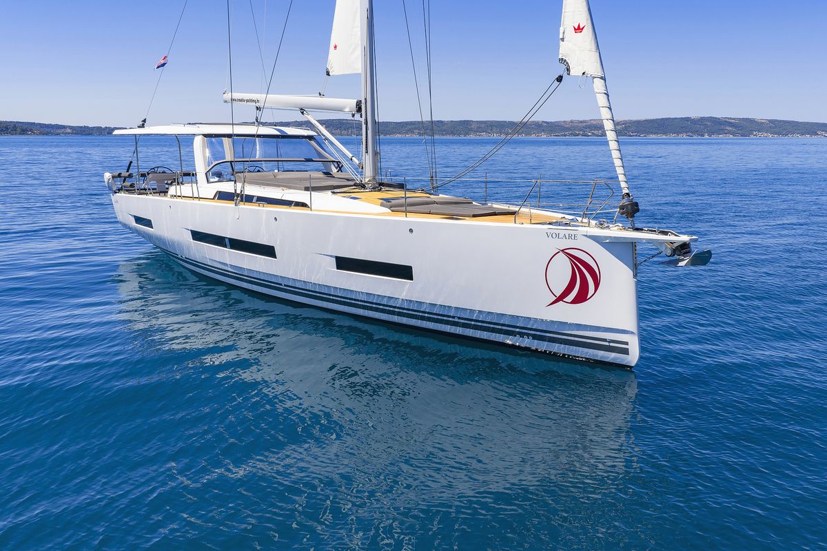Exterior view of Volare, a Hanse Yachts Hanse 590 sailboat at Grad Kaštela, Croatia