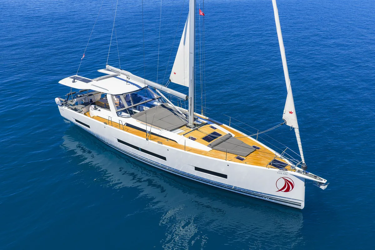 Exterior view of Volare, a Hanse Yachts Hanse 590 sailboat at Grad Kaštela, Croatia