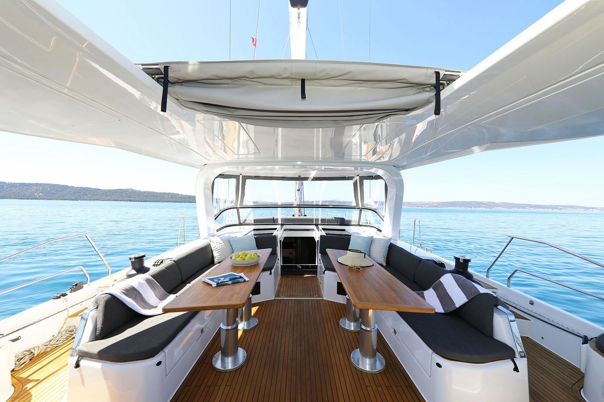 Deck of Volare, a Hanse Yachts Hanse 590 sailboat at Grad Kaštela, Croatia