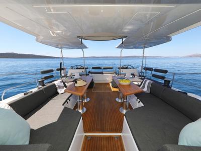 Cockpit of Volare, a Hanse Yachts Hanse 590 sailboat at Grad Kaštela, Croatia