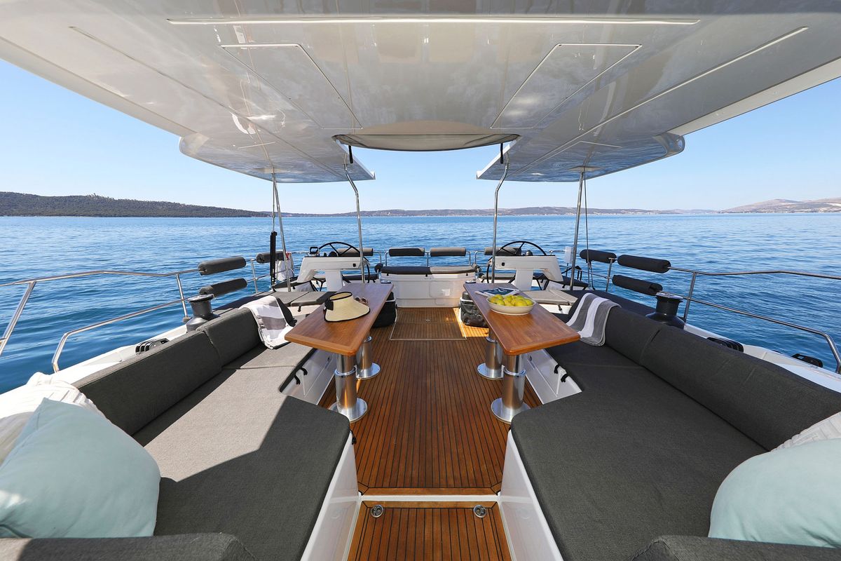 Cockpit of Volare, a Hanse Yachts Hanse 590 sailboat at Grad Kaštela, Croatia