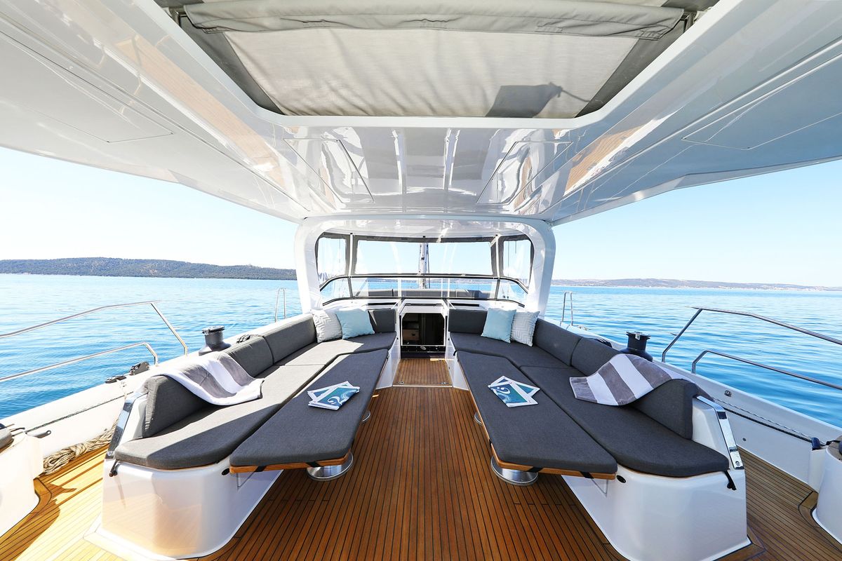 Deck of Volare, a Hanse Yachts Hanse 590 sailboat at Grad Kaštela, Croatia