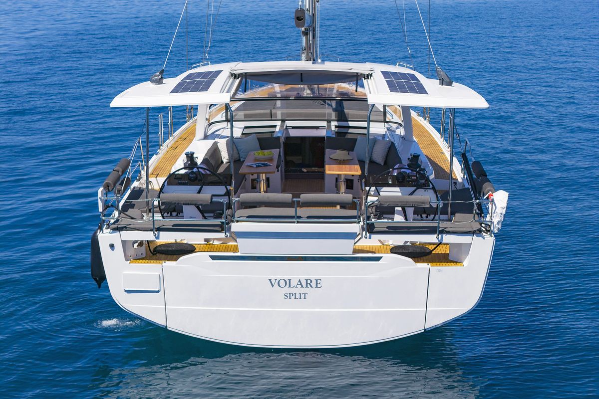 Exterior view of Volare, a Hanse Yachts Hanse 590 sailboat at Grad Kaštela, Croatia