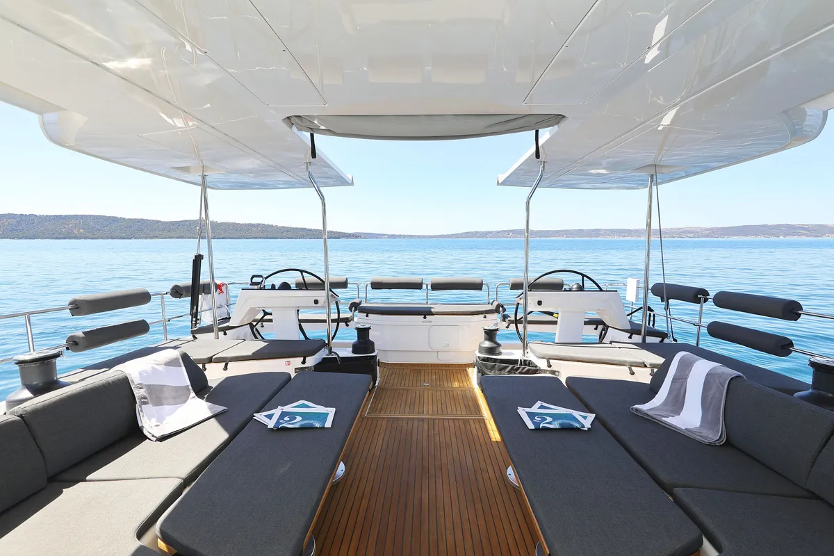 Cockpit of Volare, a Hanse Yachts Hanse 590 sailboat at Grad Kaštela, Croatia