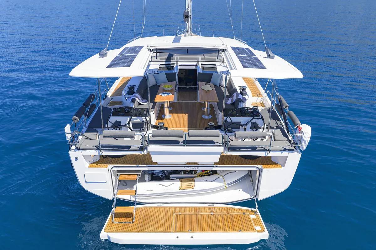 Exterior view of Volare, a Hanse Yachts Hanse 590 sailboat at Grad Kaštela, Croatia