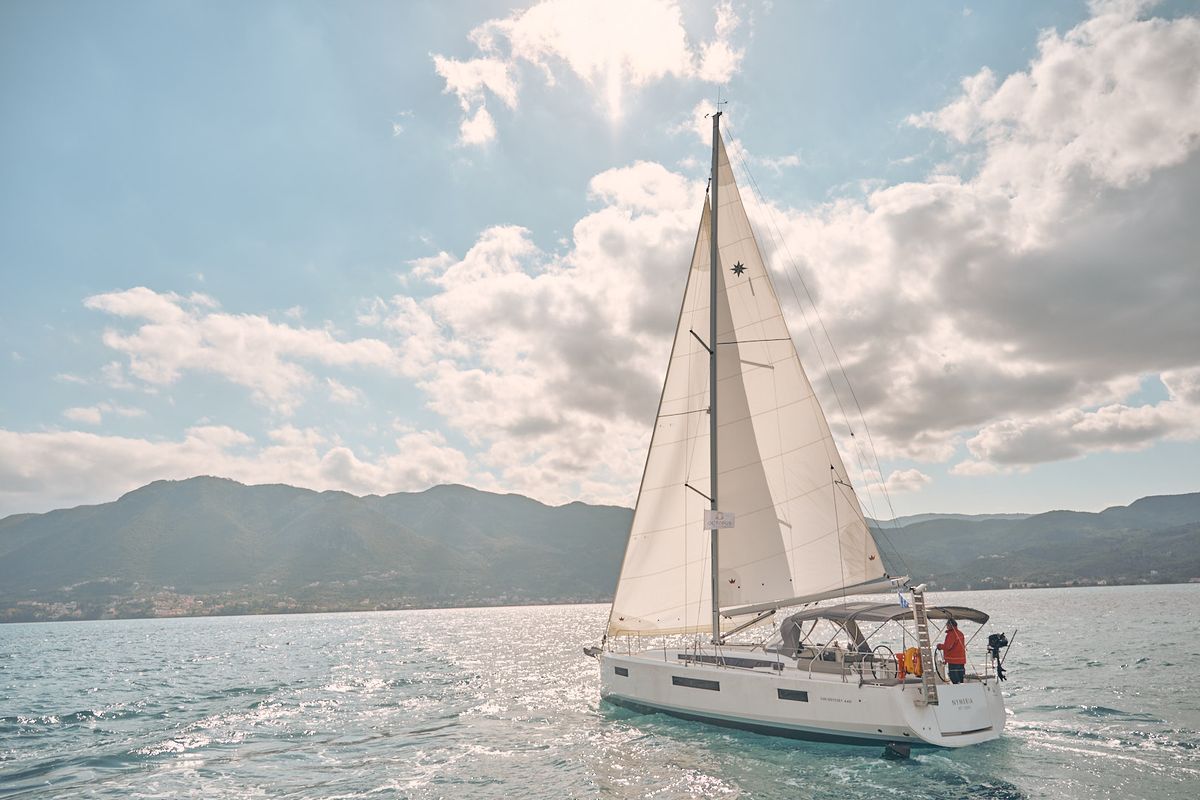 Exterior view of Nymeria, a Jeanneau Sun Odyssey 440 sailboat at Athens, Greece