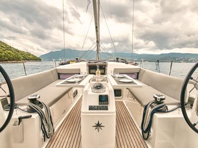Cockpit of Nymeria, a Jeanneau Sun Odyssey 440 sailboat at Athens, Greece