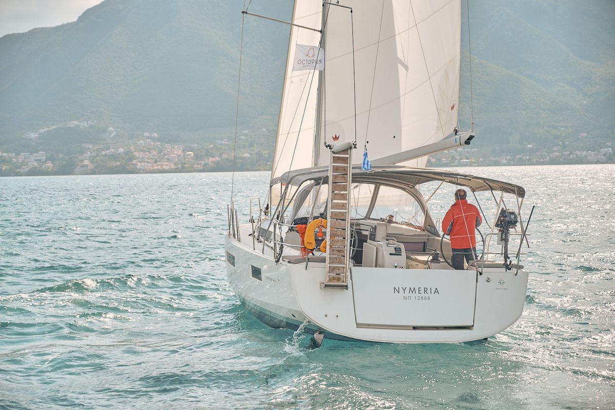 Exterior view of Nymeria, a Jeanneau Sun Odyssey 440 sailboat at Athens, Greece