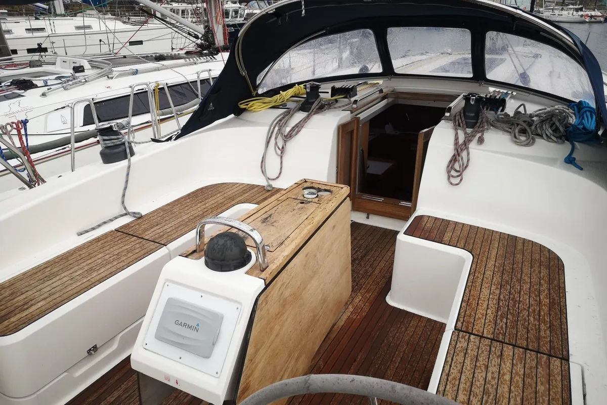 Cockpit of Lippi, a Bavaria 51 Cruiser sailboat at Gdańsk, Poland