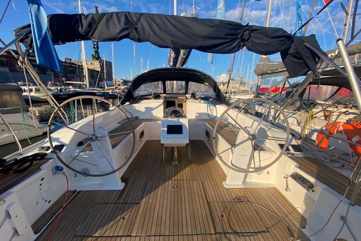 Deck of Lippi, a Bavaria 51 Cruiser sailboat at Gdańsk, Poland