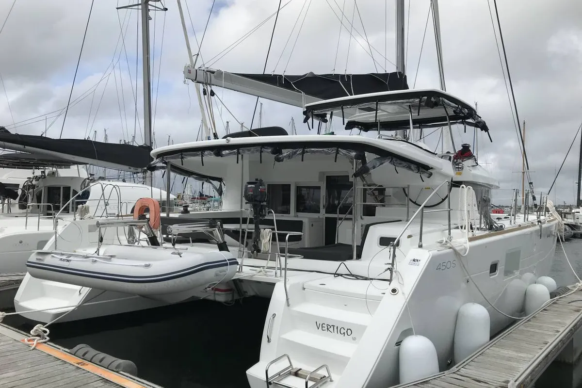 Exterior view of Vertigo, a Lagoon 450 S catamaran at Seychelles, Mahe, Seychelles
