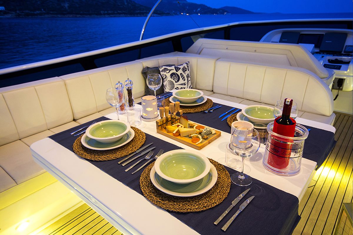 Deck of 24M Deluxe Maiora Motoryacht, a Maiora 24 yacht at Bodrum, Turkey