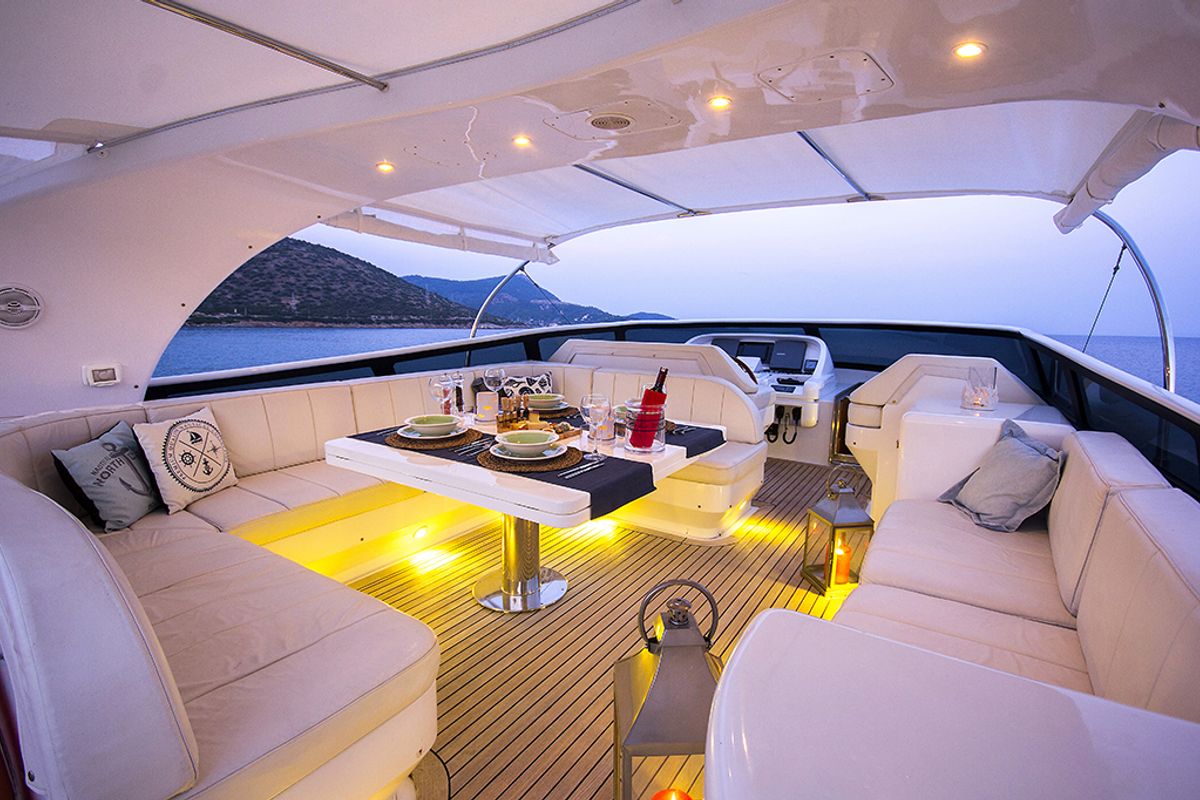 Deck of 24M Deluxe Maiora Motoryacht, a Maiora 24 yacht at Bodrum, Turkey
