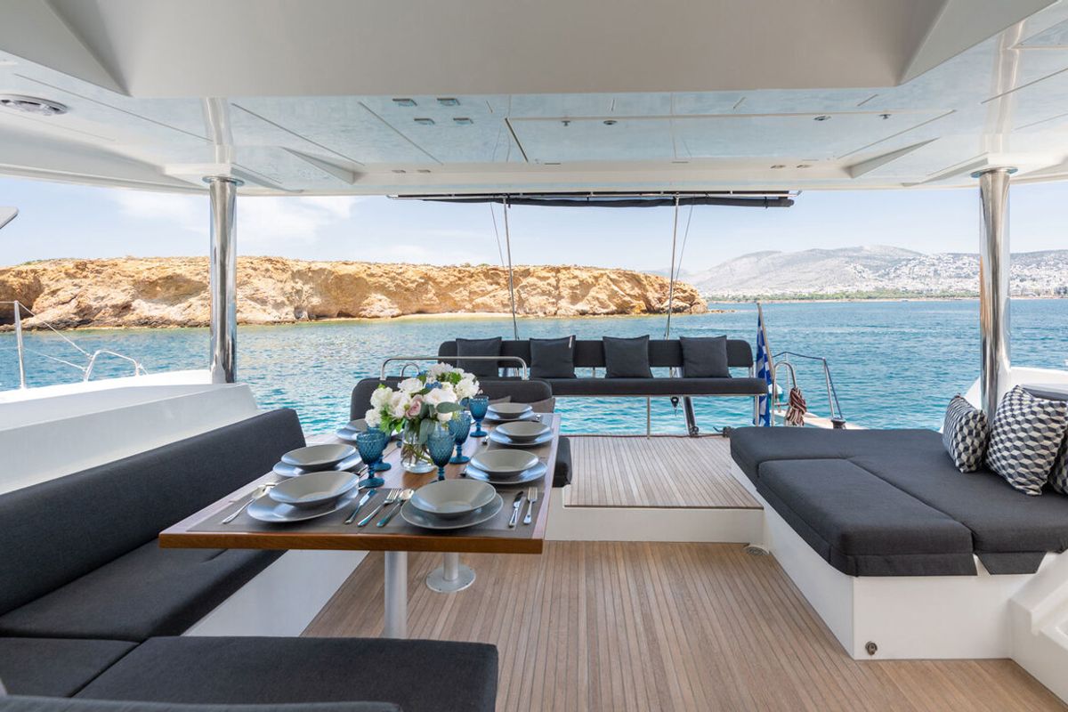 Deck of Royal Hearts, a Lagoon 52 catamaran at Athens, Greece