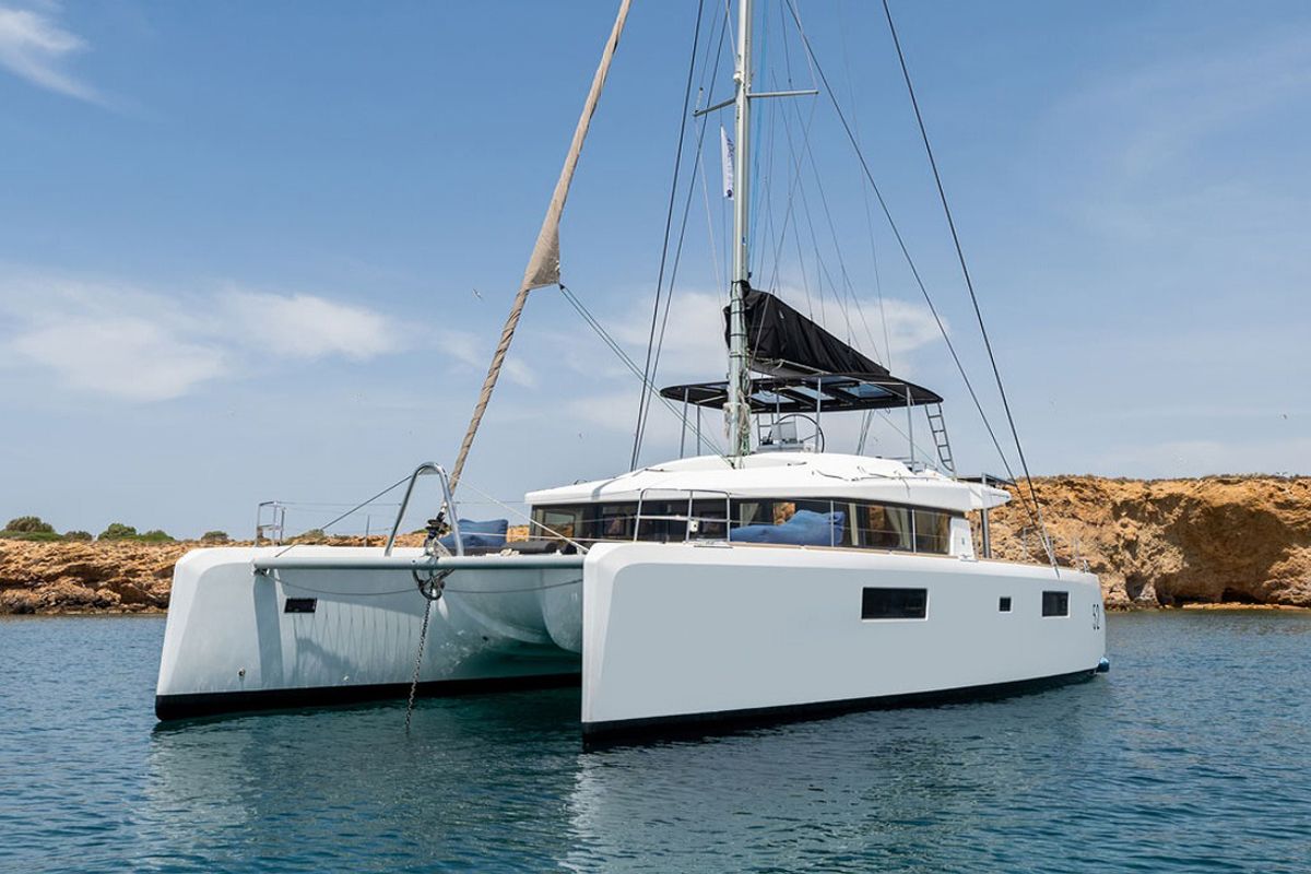 Exterior view of Royal Hearts, a Lagoon 52 catamaran at Athens, Greece