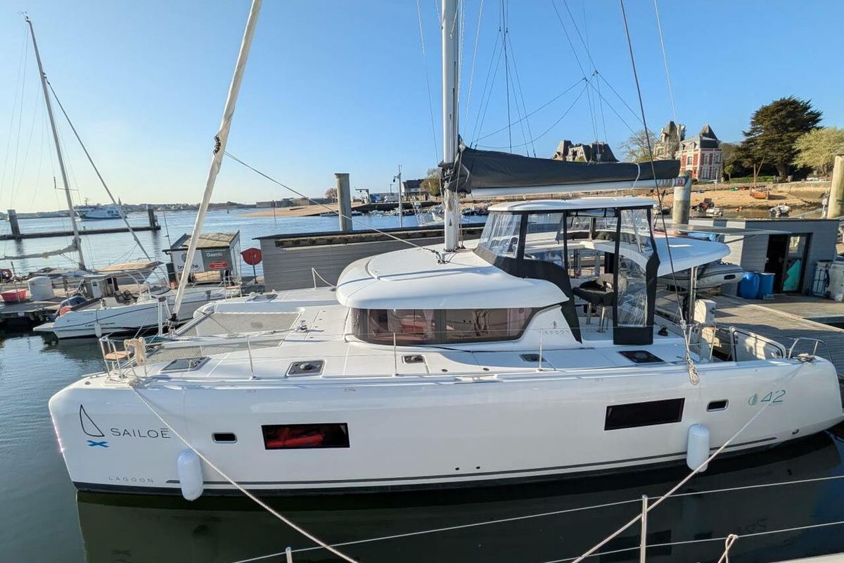 Exterior view of Zannannan, a Lagoon 42 catamaran at Seychelles, Mahe, Seychelles