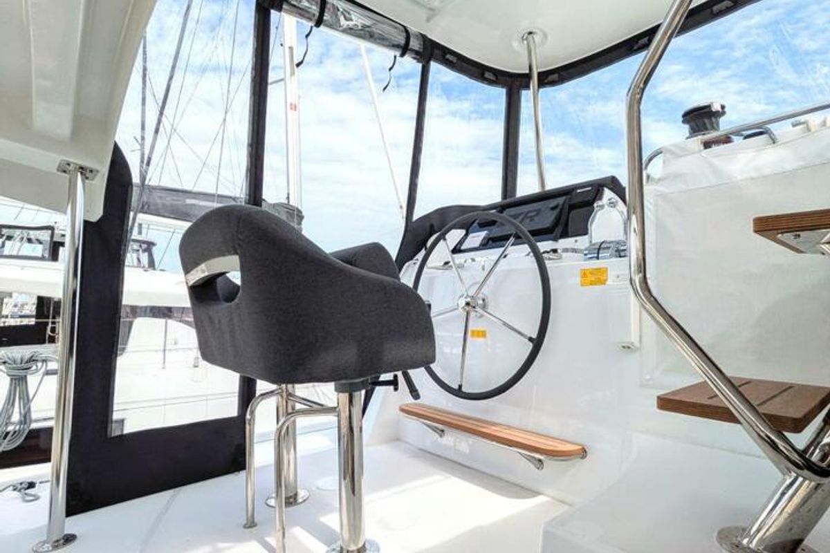 Cockpit of Zannannan, a Lagoon 42 catamaran at Seychelles, Mahe, Seychelles