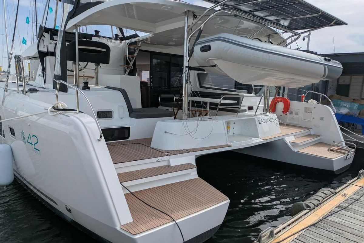Exterior view of Zannannan, a Lagoon 42 catamaran at Seychelles, Mahe, Seychelles