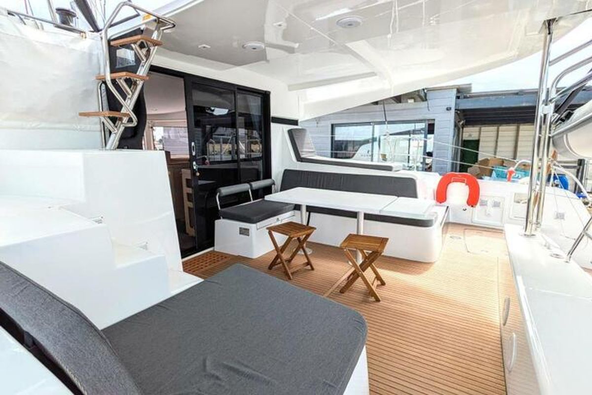 Deck of Zannannan, a Lagoon 42 catamaran at Seychelles, Mahe, Seychelles