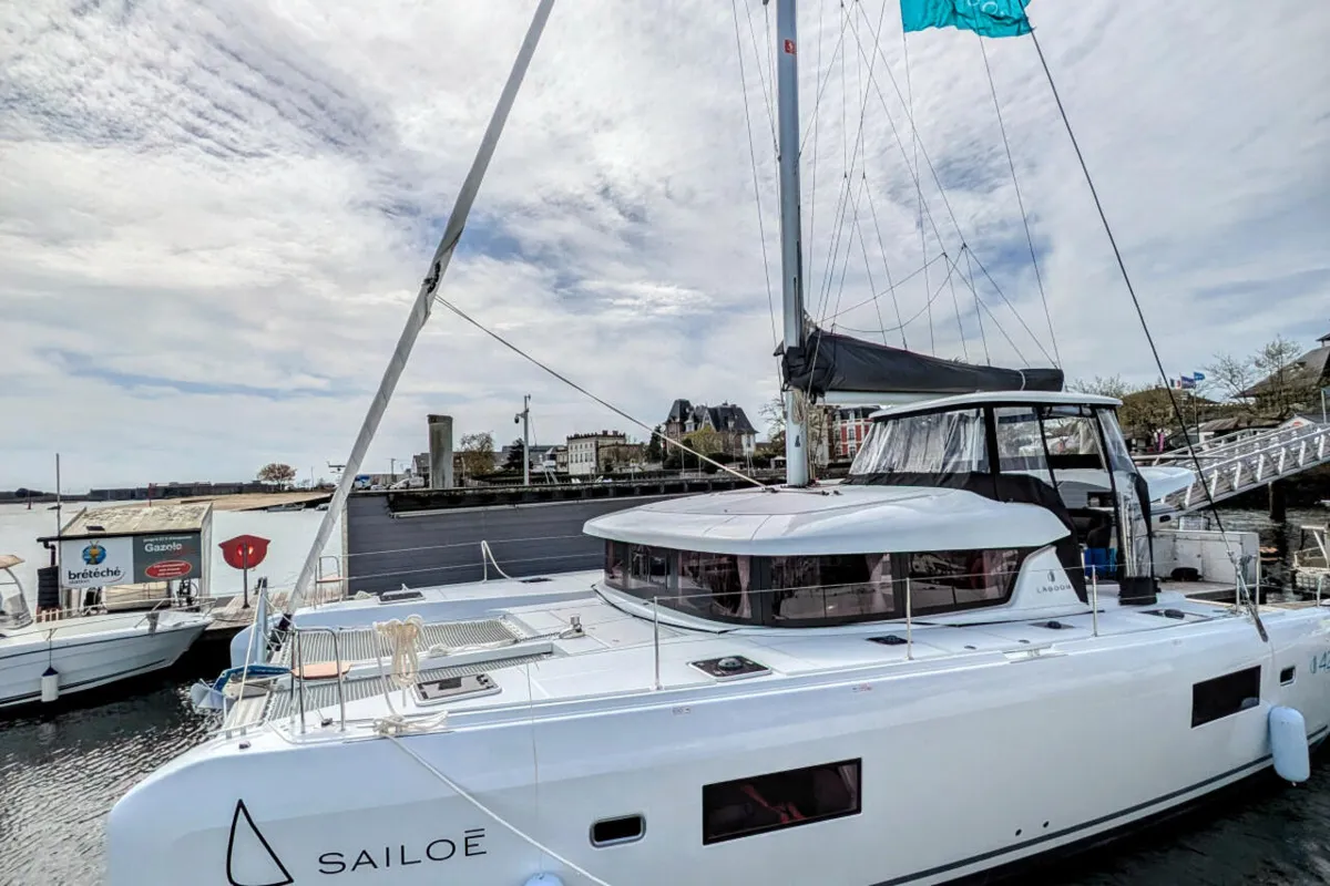 Exterior view of Zannannan, a Lagoon 42 catamaran at Seychelles, Mahe, Seychelles
