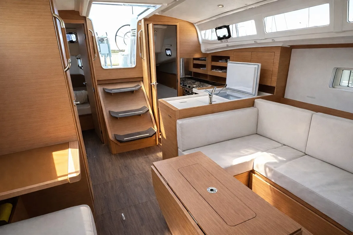 Salon of SSY-03, a Jeanneau Sun Odyssey 380 sailboat at Nettuno, Italy