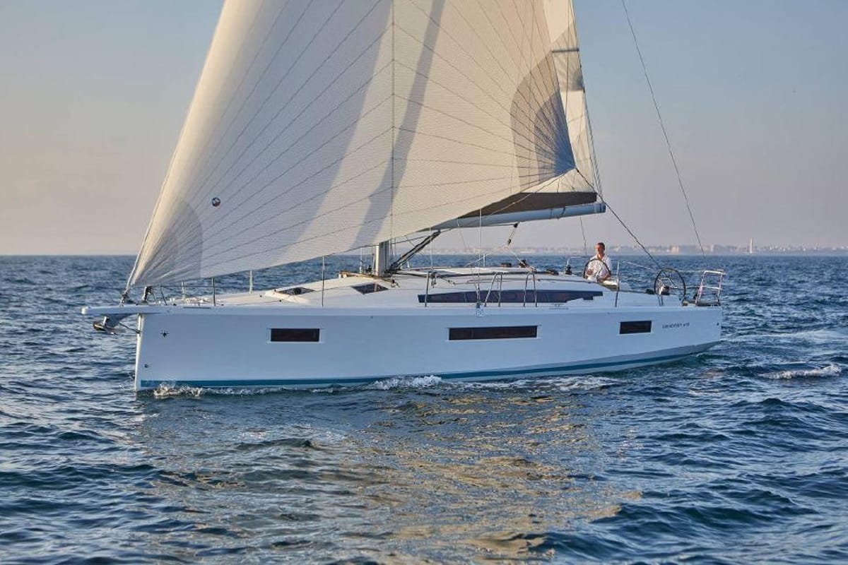 Exterior view of Kallisto, a Jeanneau Sun Odyssey 410 sailboat at Marpissa, Greece