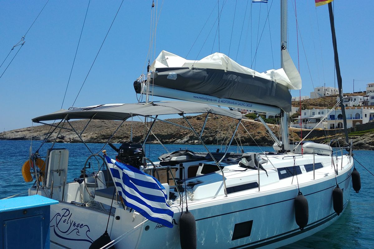 Exterior view of Polynoe, a Hanse Yachts Hanse 418 sailboat at Lavreotiki Municipal Unit, Greece