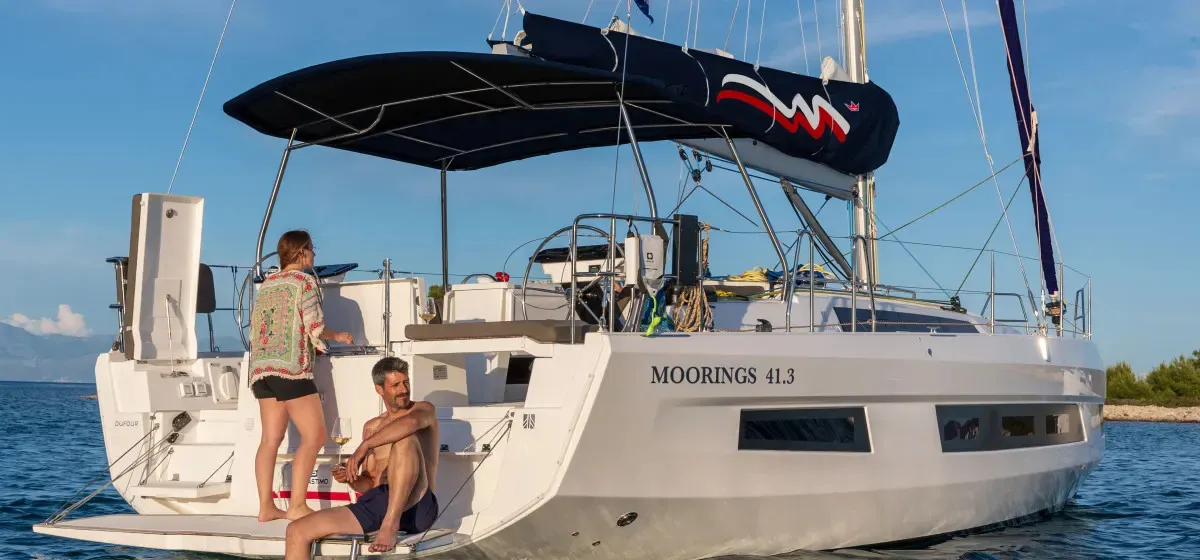 Exterior view of Moorings 41.3 Exclusive, a Dufour 41 sailboat at Road Town, British Virgin Islands