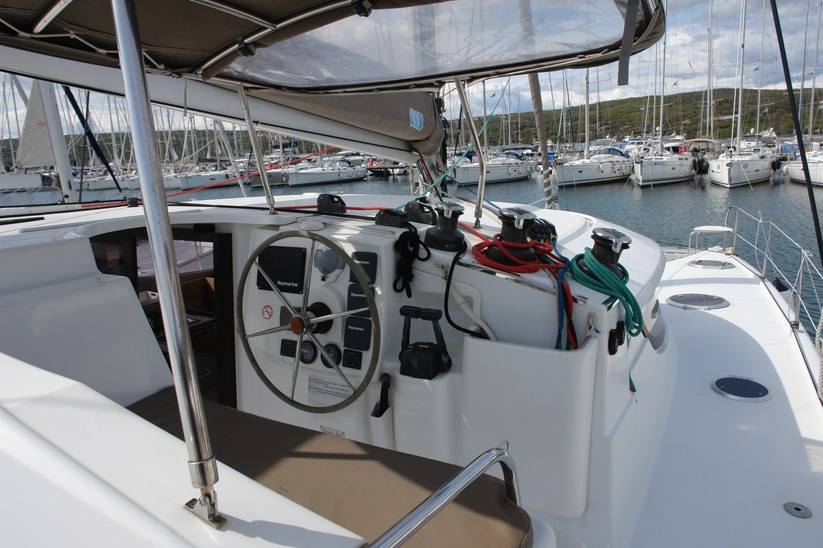Deck of Argos, a Fountaine Pajot Lipari 41 catamaran at Punat, Croatia