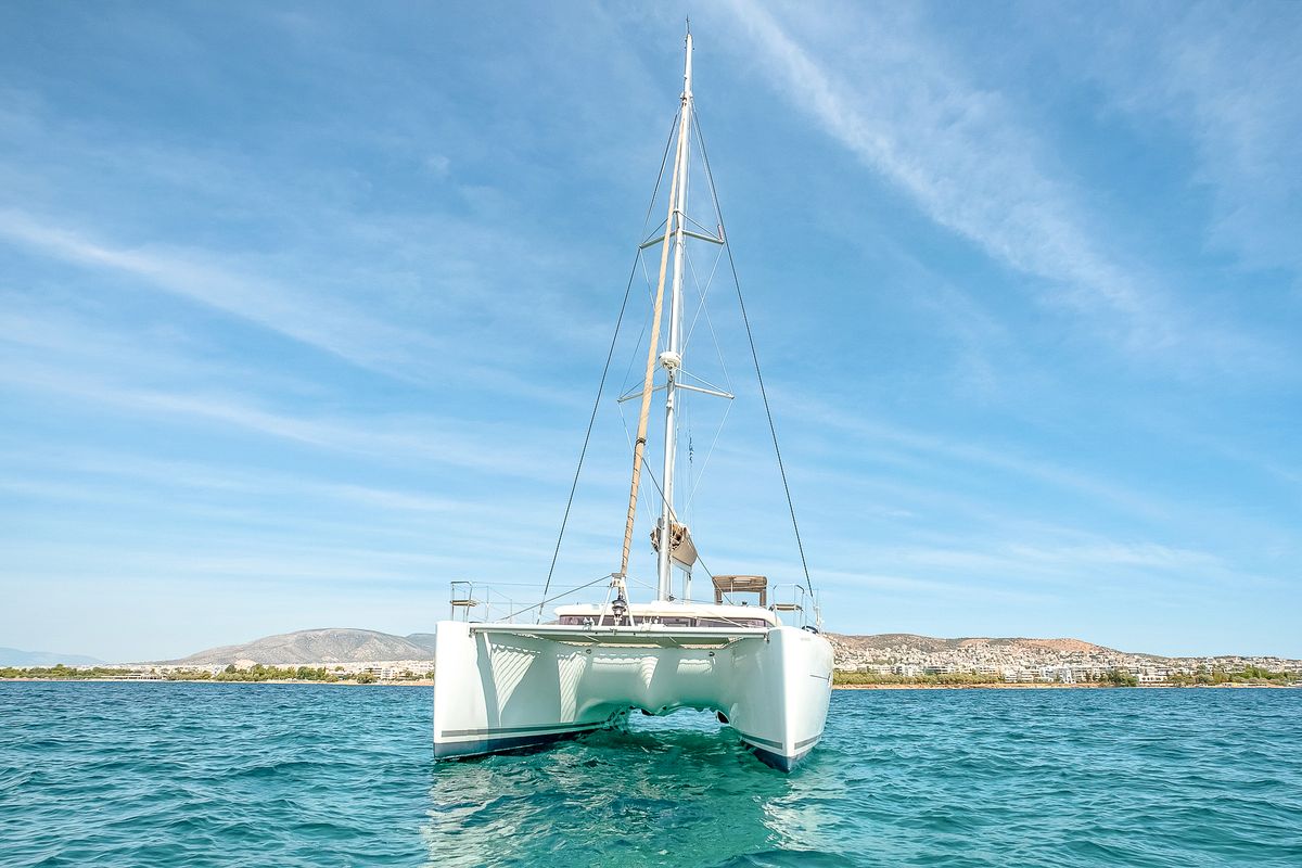 Exterior view of Christina, a Lagoon 400 S2 catamaran at Athens, Greece