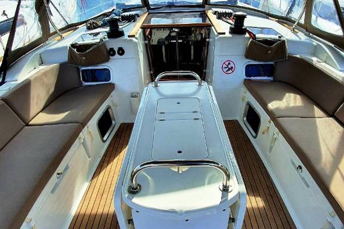 Deck of Unique I, a Jeanneau Sun Odyssey 519 sailboat at Municipal Unit of Nea Peramos, Greece