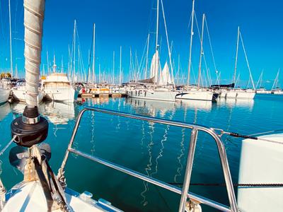Deck of Euphoria, a Bavaria Cruiser 46 Style sailboat at Municipal Unit of Lefkada, Greece
