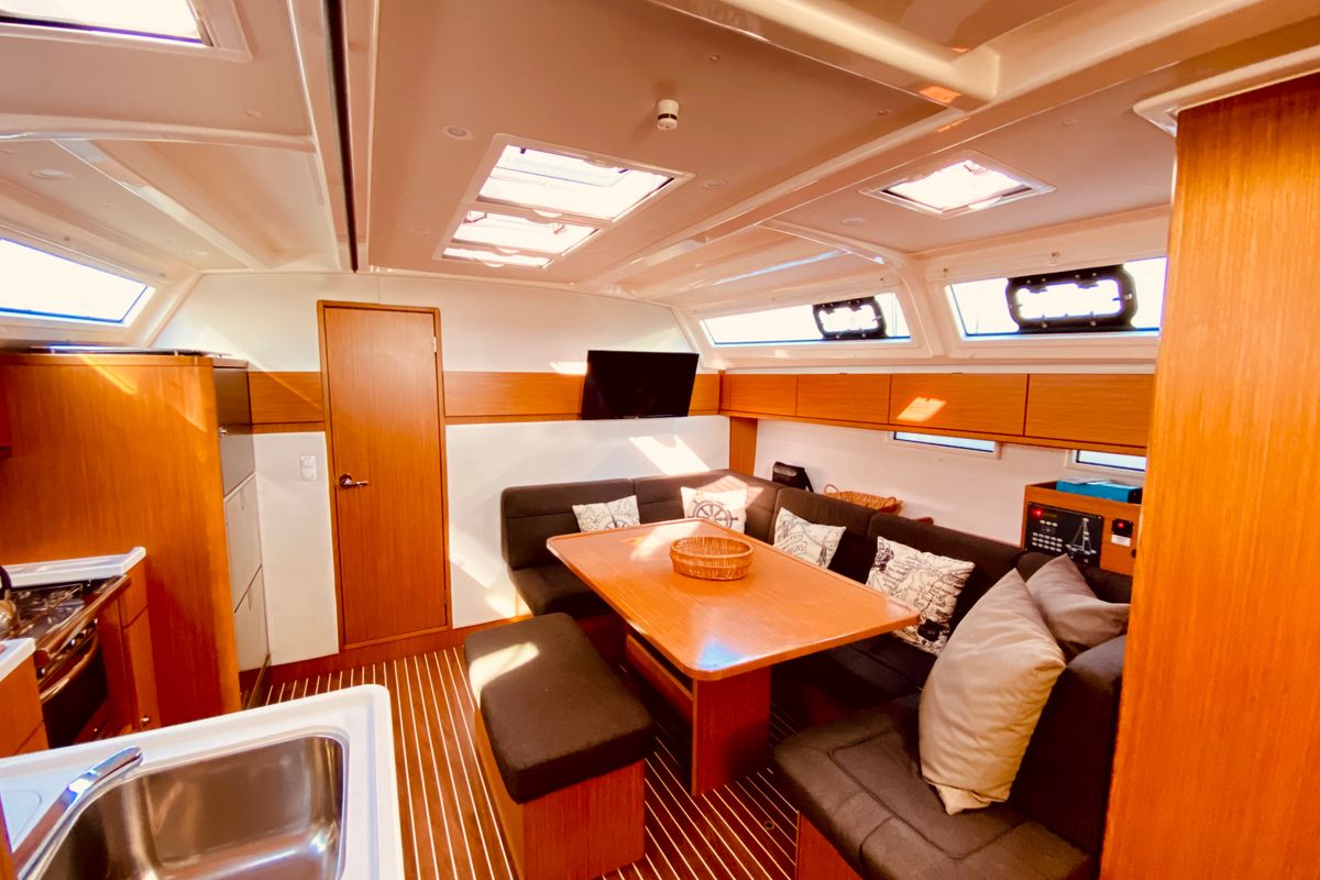 Salon of Euphoria, a Bavaria Cruiser 46 Style sailboat at Municipal Unit of Lefkada, Greece