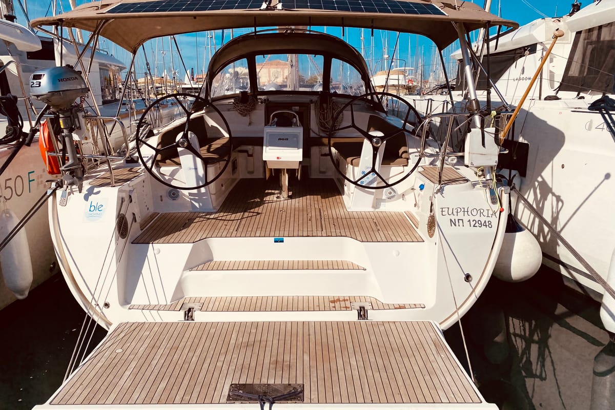 Exterior view of Euphoria, a Bavaria Cruiser 46 Style sailboat at Municipal Unit of Lefkada, Greece