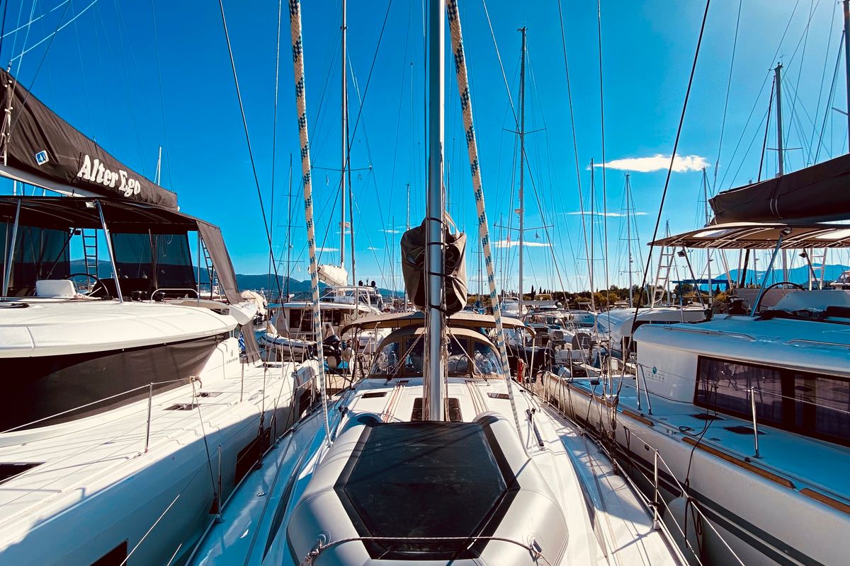 Deck of Euphoria, a Bavaria Cruiser 46 Style sailboat at Municipal Unit of Lefkada, Greece