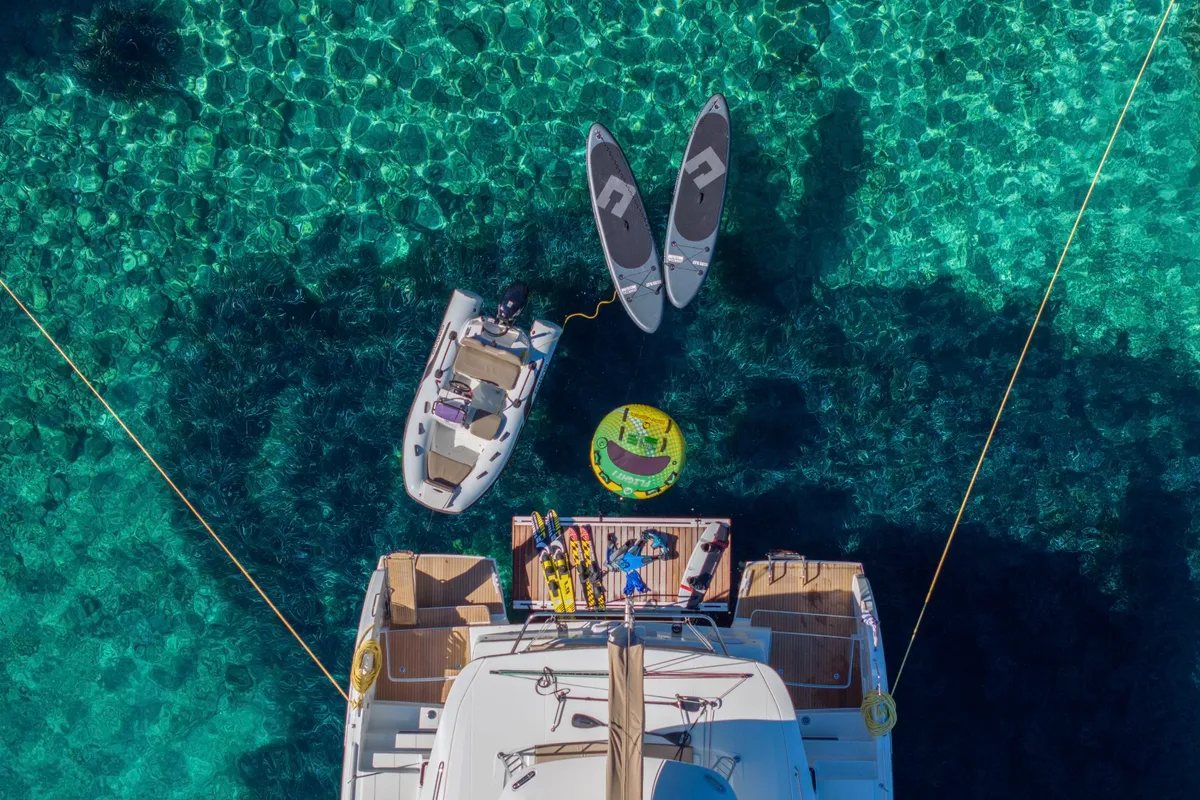 Exterior view of Maestro, a Lagoon 46 catamaran at Municipal Unit of Lefkada, Greece