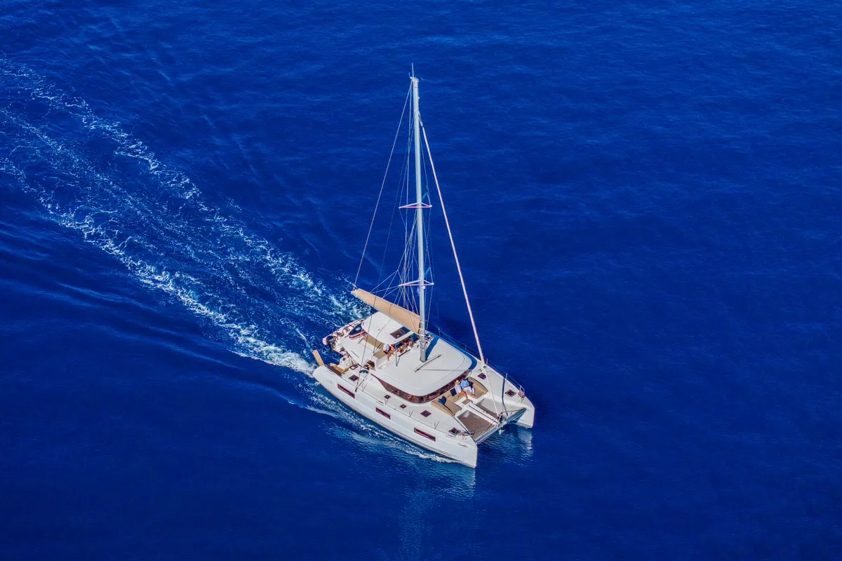 Exterior view of Maestro, a Lagoon 46 catamaran at Municipal Unit of Lefkada, Greece