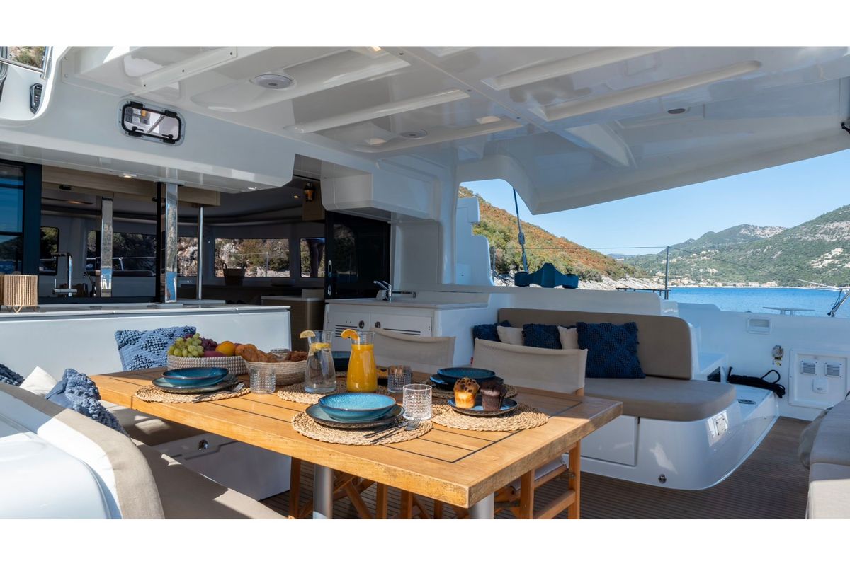 Deck of Maestro, a Lagoon 46 catamaran at Municipal Unit of Lefkada, Greece