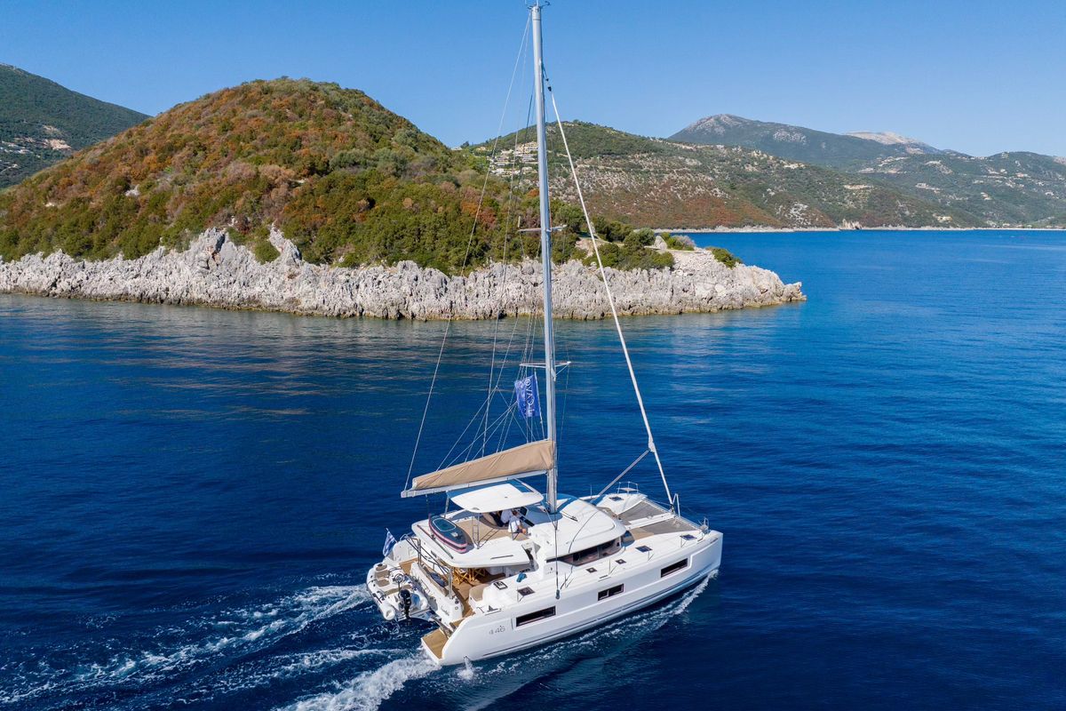 Exterior view of Maestro, a Lagoon 46 catamaran at Municipal Unit of Lefkada, Greece