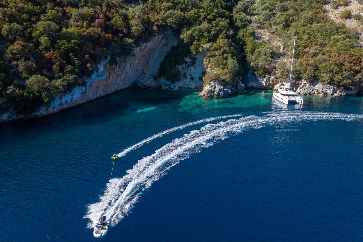 Exterior view of Maestro, a Lagoon 46 catamaran at Municipal Unit of Lefkada, Greece