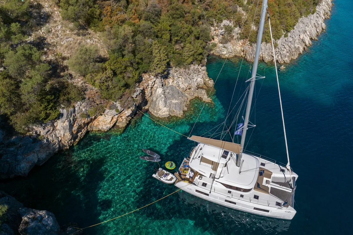 Exterior view of Maestro, a Lagoon 46 catamaran at Municipal Unit of Lefkada, Greece