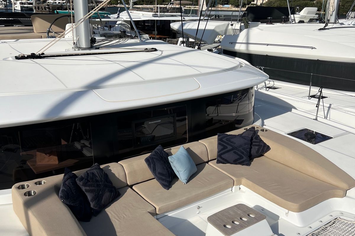 Deck of Maestro, a Lagoon 46 catamaran at Municipal Unit of Lefkada, Greece